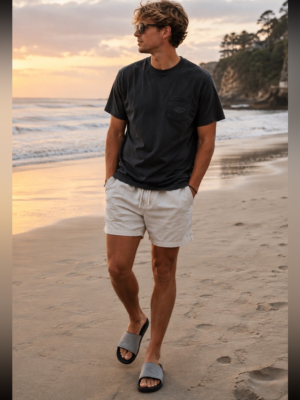 REEF MENS BYOB Gray Slide Sandals with Black Footbed